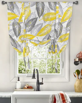 Шторы с текстурой желто-серых листьев на окнах, подвязные шторы для кухни, гостиной, Регулируемые карманные шторы на штанге