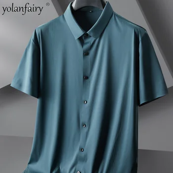 Мужские рубашки Ice Silk с коротким рукавом, летние, быстросохнущие, большого размера, в полоску, без морщин, эластичные, 7XL FC