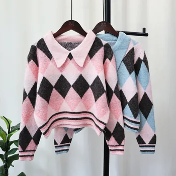 Корейская версия 2023 года, Осень-зима, Новый короткий женский свитер в стиле ретро со стразами, пуловер, женский джемпер, топы