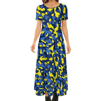 Облегающее платье с камуфляжным принтом, весенние сине-желтые камуфляжные клубные платья Макси, женское платье в графическом уличном стиле с коротким рукавом, большой размер