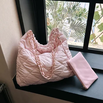 Брендовая Дизайнерская Стеганая женская сумка через плечо в нейлоновую клетку, повседневная сумка через плечо на цепочке, Большая квадратная сумка и портмоне