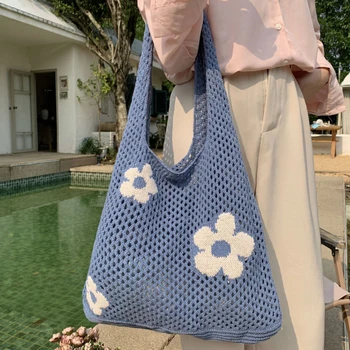 Модная вязаная полая сумка-тоут с милым цветком, большая вместительная хозяйственная сумка, женская простая сумка через плечо в стиле ретро, сумочка для женщин