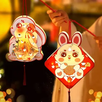 Праздничный фонарь с кисточками, Очаровательный набор бумажных фонариков с кроликом, двухсторонний китайский Новый год ручной работы, середина осени