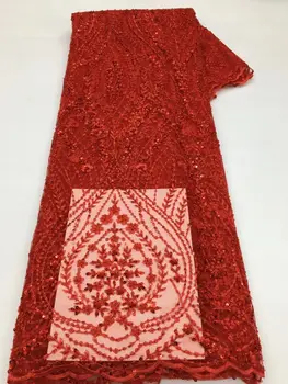 Красный Крупный тюль, кружевные платья с пайетками, одежда из бисера, Египет, африканская сетка, кружевные ткани с пайетками