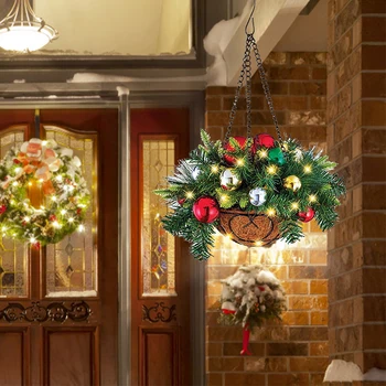 Искусственная Рождественская подвесная корзина Многоцелевой рождественский кулон с белыми светодиодными лампочками для внутреннего и наружного оформления