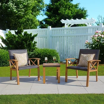 Набор для бистро во внутреннем дворике, 3 предмета, деревянные Алюминиевые Плетеные стулья для веранды, Журнальный столик, Набор для беседы на свежем воздухе