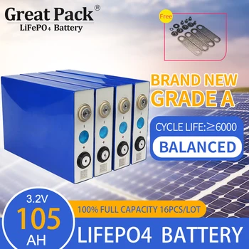 Банк солнечной энергии 100% Полной емкости 16ШТ 3,2 В 105 Ач LiFePO4 Аккумуляторный элемент, Перезаряжаемый Литий-ионный фосфат глубокого цикла
