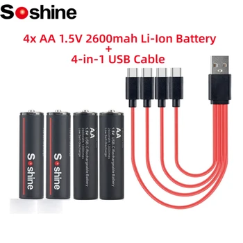4шт Soshine 1.5V 2600mah AA Литий-ионная Аккумуляторная Батарея 1200 Раз Цикла Type C AA Батарея с USB-кабелем 4-в-1