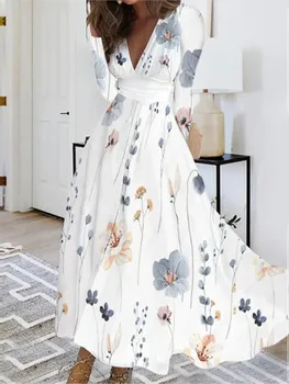 Осеннее элегантное вечернее длинное платье с цветочным рисунком Для женщин, сексуальное Платье с глубоким V-образным вырезом и длинным рукавом, тонкие повседневные макси-платья с белым принтом, Весна 2023 г. 