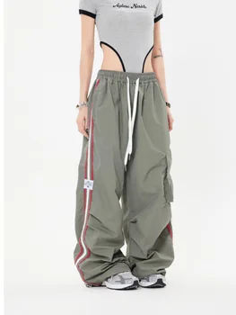 Брюки-карго Y2K, женские модные повседневные брюки с широкими штанинами, Свободные полосатые спортивные штаны с парашютом на завязках, брюки-карго