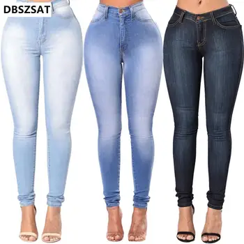 Винтажные Женские джинсы с высокой тонкий Fit талия Джинсы карандаш брюки клеш зимой надевать узкие джинсы синий