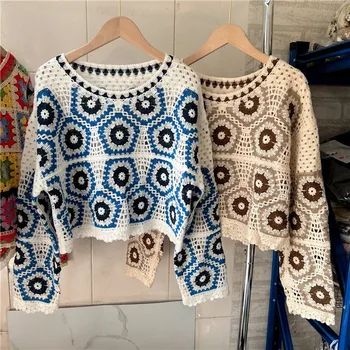 Осенний свитер в богемном стиле для женщин, лоскутные женские топы, связанные крючком, с круглым вырезом и длинным рукавом, женский повседневный пуловер Прямая поставка