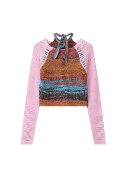Женский Розовый пуловер в стиле пэчворк, вязаный свитер 90-х, кавайный свитер с длинным рукавом, Корейский джемпер Harajuku 2000-х, винтажная одежда Y2k