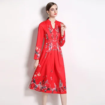 Осень 2023, Новое платье Миди с красным цветком, Винтажное Элегантное Женское платье с V-образным вырезом и длинным рукавом, с принтом и высокой талией, Женское вечернее платье Vestidos