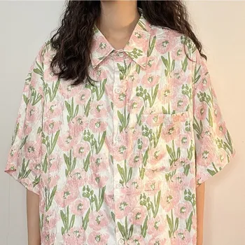 Винтажная рубашка с цветочным принтом, женские повседневные эстетичные Летние рубашки свободного кроя с короткими рукавами, Корейский шикарный кардиган Y2K