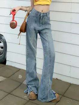 ZHISILAO, Новые прямые джинсы для женщин, синие джинсовые брюки полной длины с разрезом, уличная одежда, лето 2023