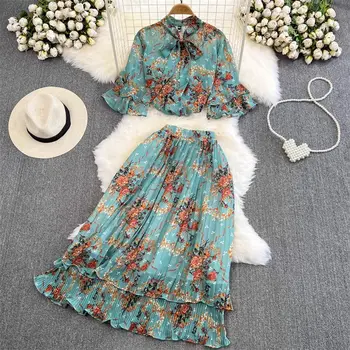 Модный цветочный комплект, Женская рубашка с расклешенными рукавами и бантом, Свободная шифоновая рубашка из двух частей, плиссированная юбка с высокой талией, Элегантные корейские наряды Z1944