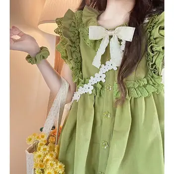 Летнее Зеленое платье Kawaii Lolita, Женское Дизайнерское вечернее мини-платье с бантом, Женское повседневное Корейское Модное Кружевное Элегантное Милое платье 2023