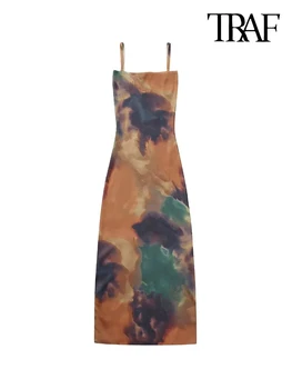 TRAF Женское трикотажное приталенное платье Миди с модным принтом, сексуальные женские платья на бретельках с прямым вырезом, Vestidos Mujer