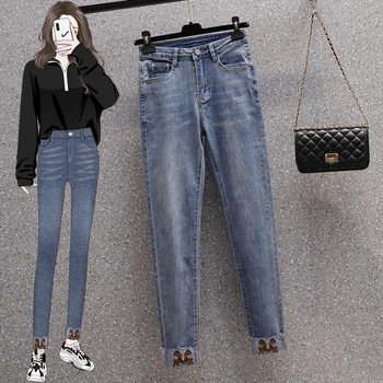Осенние манжеты с вышивкой, джинсы для женщин, повседневные джинсовые брюки длиной до щиколоток, женские модные джинсы-шаровары для мам 2023, Синие ковбойские