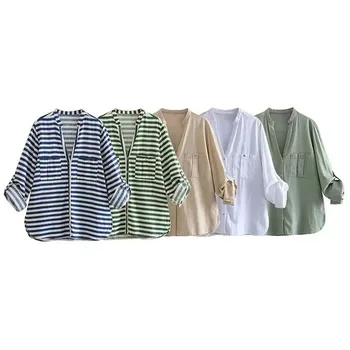 Женская весенняя новая модная повседневная льняная рубашка в полоску с закатанными рукавами, винтажная женская рубашка с V-образным вырезом и длинными рукавами на пуговицах, модный топ