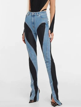2023 Синие джинсы Женские Y2k, роскошные дизайнерские брюки с подтяжкой бедер в стиле ретро, джинсы в стиле пэчворк, сексуальные длинные брюки с узким разрезом, уличная одежда