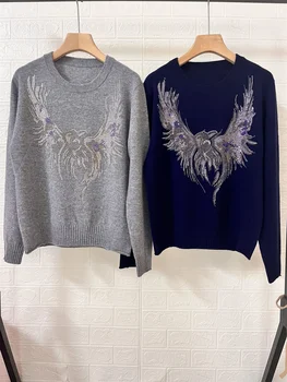 Женский 100% Кашемировый свитер Hot Rhinestone Phoenix, 2 цвета, Осень-зима 2023, длинный рукав, Женский пуловер с круглым вырезом, Топ