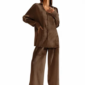 Женский комплект в складку, рубашка с длинными рукавами и отворотами, топы и широкие брюки, элегантный спортивный костюм, повседневный комплект из 2 предметов, весенняя уличная одежда