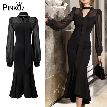 Женское офисное платье Pinkoz, черное облегающее платье-русалка, воротник-бабочка, шнуровка, длинный рукав, элегантная рабочая одежда, весна-осень, vestidos z