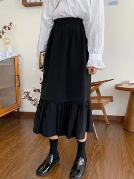 Модные черные эластичные плиссированные юбки с высокой талией, женские Корейские ретро-литературные Элегантные Повседневные праздничные юбки трапециевидной формы, простота