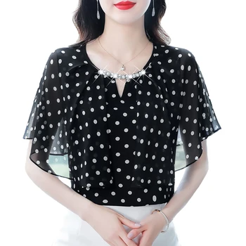 Корейская модная Женская блузка С Милым рукавом-бабочкой, Топ в горошек, Повседневная Летняя Женская рубашка