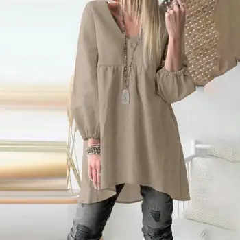 Женская рубашка, топ, однотонный нерегулярный подол, женская блузка в стиле пэчворк с длинным рукавом и V образным вырезом для повседневной носки