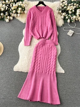 Однотонные осенние женские однотонные костюмы, свитер с V-образным вырезом, пуловер + Эластичная талия, длинная юбка 