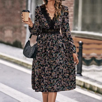 2023 Весенняя Европейская и Американская Женская одежда, Весенне-Осеннее Новое Кружевное платье с V-образным вырезом Slim Fit, офисное женское платье