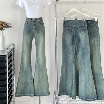 Женские расклешенные брюки из американского винтажного синего денима в стиле уличного ретро, повседневные брюки-клеш, Женские джинсы с высокой талией и прямыми штанинами