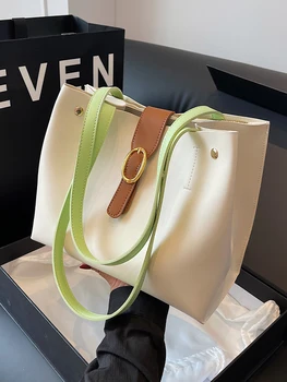Модная сумка для поездок на работу большой емкости, простая повседневная сумка контрастного цвета на одно плечо из искусственной кожи, универсальная женская сумка-тоут