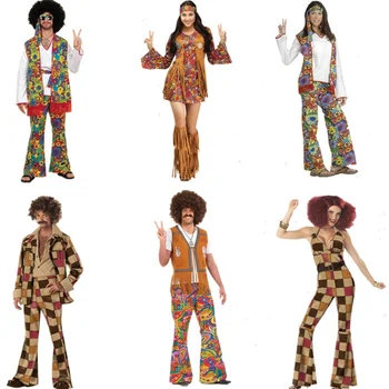 Ретро 60-70-х, Косплей хиппи, Карнавальный костюм на Хэллоуин для мужчин и женщин, Маскировочная одежда для вечеринки с бахромой, Ночной клуб