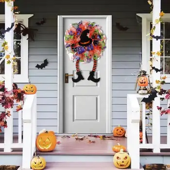 Венок на Хэллоуин, ужасающая шляпа ведьмы на Хэллоуин, венок для ног, дверной венок, лента с тыквенным принтом, сетчатый декор, паук, Веселая вечеринка для