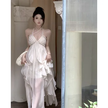Корейское Сексуальное платье Sweet Hot Girl, Женское Летнее Платье с ремешком на шее, V-образный вырез, Приталенное Длинное платье Трапециевидной формы, Модная Женская одежда